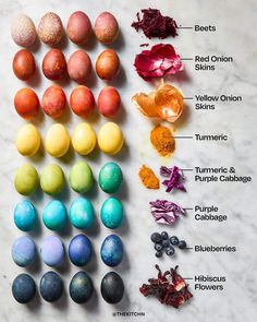 an assortment of different colored eggs on a marble counter top with labeled ingredients for the recipe