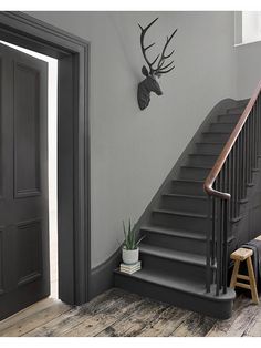 an entry way with stairs and a deer head on the wall