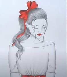 a drawing of a woman with long hair wearing a red bow