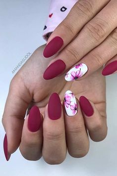 Nails Design For Spring, Burgundy Matte Nails, Acrylic Almond Nails, Classy Nail Designs, Floral Nail Designs, Matte Nails Design, Spring Nail Colors, Almond Nails Designs, Best Nail Art Designs