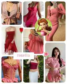 there are many pictures of different dresses in pink and red, with the names rosetta on them