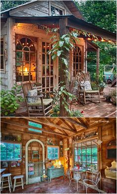 two pictures of the inside and outside of a log cabin