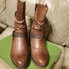 Almost Color Soft Leather Riding Boot With Cushion Insole For Comfort. Brown Medium Width High-top Boots, Brown Ankle-high Moto Boots Medium Width, Brown Ankle-high Moto Boots With Leather Lining, Brown Closed Toe Walking Boots, Brown Closed Toe Boots For Walking, Brown Ankle-high Moto Boots With Leather Footbed, Brown Moto Boots With Almond Toe, Brown Boots With Leather Footbed And Medium Width, Brown High-top Moto Boots With Leather Lining