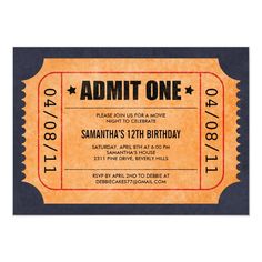 an old movie ticket birthday party card with the words admit one on it's front