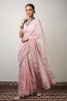 Shop for Rhua India Pink Chanderi Saree With Embroidered Blouse for Women Online at Aza Fashions Luxury Chanderi Pre-draped Saree With Embroidered Border, Luxury Draped Chanderi Saree, Luxury Chanderi Saree With Kora Details, Luxury Chanderi Saree With Border, Traditional Chanderi Blouse Piece, Luxury Chinon Saree With Cutdana Details, Luxury Embroidered Chanderi Saree, Luxury Chanderi Saree Traditional Drape, Luxury Chanderi Saree In Traditional Drape