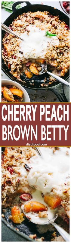 two pictures with the words cherry peach brown betty written on them and an image of some pies in pans