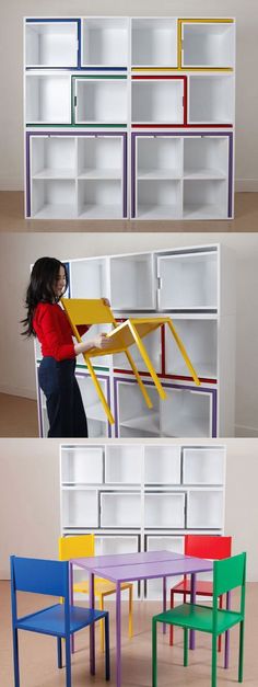 three different colored shelves with chairs and tables in them