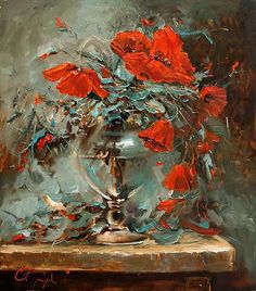 an oil painting of red flowers in a silver vase on a table with grey background