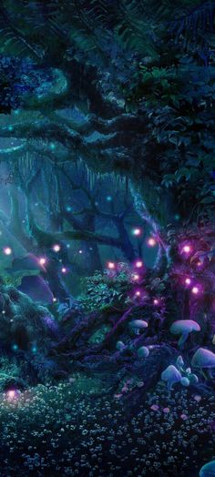 the forest is full of glowing lights and mushrooms