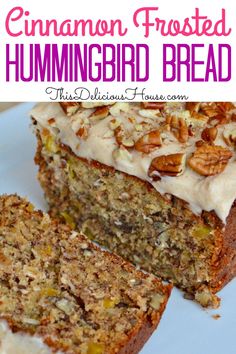 a close up of a piece of cake on a plate with the words cinnamon frosted hummingbird bread