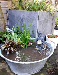 there is a statue sitting in the middle of a potted planter filled with water