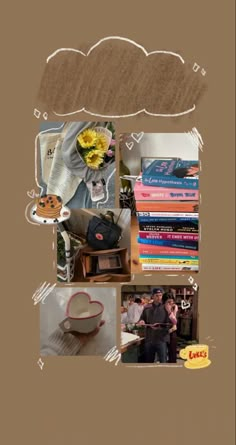 a collage of photos with flowers, books and other things in the background that include clouds