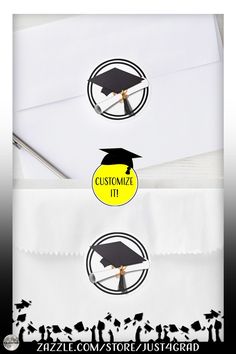 graduation stickers are on top of a white envelope with black and yellow lettering that says, customize it