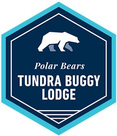 the tundra buggy lodge at polar bear point logo on a blue hexagonal background