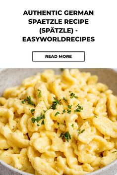 a bowl filled with macaroni and cheese next to the words authentic german spaghetti recipe