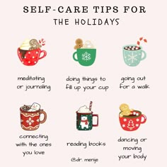 Self-care can't wait! Especially when you take good care of yourself, you can better show up for those around you and make the holidays special. Here are some tips to keep in mind: ☃️Self-care doesn't have to be for hours or grandiose ❄️Self-care can be done alone or with others, such as going for a walk with a friend 🎅🏽Self-care isn't selfish. 🎄Self-care is anything that leaves you feeling rejuvenated What is your favorite holiday self-care? Christmas Self Care, Monday Mindset, Hygge Ideas, Take Good Care Of Yourself, Personality Chart, Perfectionism Overcoming, Mental Health Activities, Embrace Imperfections, Going For A Walk