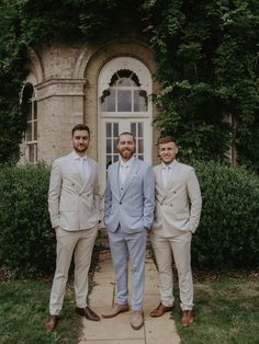 Groom In Blue Wedding Suit with Groomsmen in Matching Cream Suits Light Blue Suit Wedding, Blue Wedding Suit Groom, Blue Wedding Suit, Blue Groomsmen Suits, Groom Blue Suit, Blue Groomsmen, Pale Blue Wedding, Dried Flower Bouquets