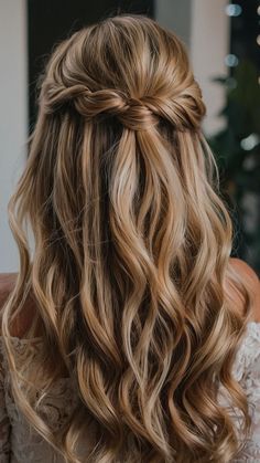 Bridesmaid Half Up With Braid, Half Up Have Down Wedding Hair, Wavy Party Hairstyles, Half Up Half Down Bridesmaid Hair With Braid, Hair Styles For Graduation Party, Down Hair For Bride, Half Up Simple Wedding Hair, Wavy Half Up Wedding Hair, Half Up Half Down For Bridesmaids