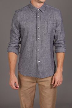 Grey with brown looks sharp and relaxed. Casual Pakistani Outfits Simple, Men's Casual Style, Mens Wear, Clothing Details, Men's Button Down Shirt, Minimalist Wardrobe, Music Fashion, Blue Wool