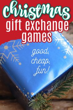 a blue gift box with the words, christmas gift exchange games good, cheap, fun