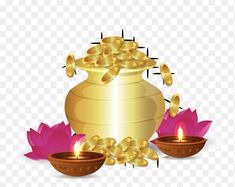 a pot with gold coins on it and two bowls filled with water lilies next to it