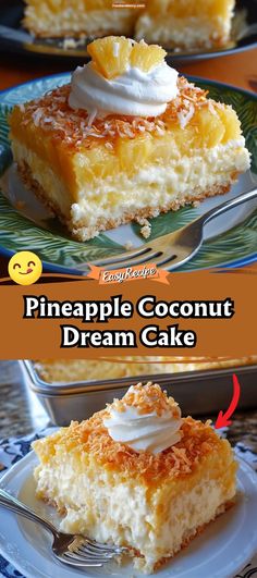 pineapple coconut dream cake with whipped cream on top