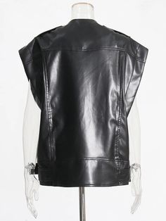 Solid Patchwork Zipper Leather Tank Top For Women Lapel Sleeveless Streetwear Minimalist Loose Vest Female Fashion Black Punk Vest For Spring, Punk Sleeveless Outerwear For Fall, Zipper Closure Sleeveless Vest For Work, Sleeveless Workwear Vest With Zipper Closure, Black Sleeveless Punk Outerwear, Sleeveless Black Punk Outerwear, Sleeveless Biker Outerwear With Zipper Closure, Edgy Black Vest For Workwear, Sleeveless Biker Outerwear For Spring