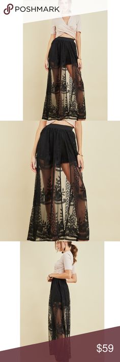 Ayla Black Sheer Lace Long Maxi Skirt Skort New Boutique Item. The Ayla Skirt features sheer floral lace overlay, maxi length, built in shorts lining, high waisted, and elastic waistband for stretch. Material: 100% poly Color: Black  Length: approximately 43” measured from size small  ✖️NO Trades Spring outfit Cute outfit  Valentines Day Outfit Women’s Fashion Coachella Outfit Skirts Maxi Music Midtown, Long Maxi Skirt, Outfit Cute, Coachella Fashion, Coachella Outfit, Long Maxi Skirts, Valentine's Day Outfit, Outfit Women, Day Outfit