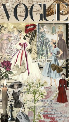 a collage of vintage fashions and words