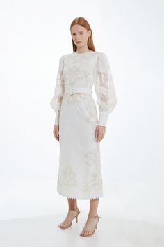 Cutwork Organdie Balloon Sleeve Woven Midi Dress | Karen Millen Hen Do Outfits, Petite Wedding Guest Dresses, Latest Maxi Dresses, Petite Business Casual, Maxi Dress Collection, Eid Outfits, Tall Dresses, Summer Wedding Dress, White Maxi