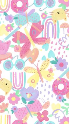 a pattern with donuts, cats and flowers on white background in pastel colors