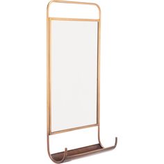 a gold metal frame with a mirror on the bottom and shelf below it, against a white background