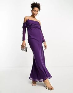 ASOS DESIGN cami cowl maxi dress with cold shoulder sleeve in purple | ASOS Elegant Off-shoulder Purple Maxi Dress, Elegant Purple Off-shoulder Maxi Dress, Purple Off-shoulder Maxi Dress For Party, Elegant Purple Dress With Side Slits, General Outfit, Formal Dresses Graduation, School Prom, Cocktail Dress Formal, Long Sleeve Floral Dress