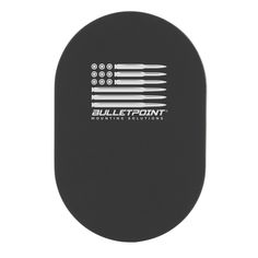 the bulletpoint logo is shown on an oval black paddle with white writing and two american flags