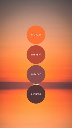 an orange and red sky over water with three circles in the middle that spell out words