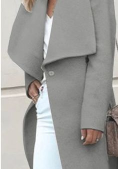 Fold-over Collar Belt Plain Long Sleeve Coats Gray Outerwear For Spring, Gray Solid Color Outerwear For Spring, Gray Long Sleeve Outerwear, Gray Spring Outerwear For Office, Casual Solid Color Outerwear For Office, Gray Collared Outerwear For Spring, Chic Gray Long Sleeve Outerwear, Chic Gray Single-breasted Outerwear, Gray Fall Pea Coat For Office