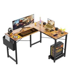 a computer desk with two monitors and a keyboard on it, next to a mouse pad