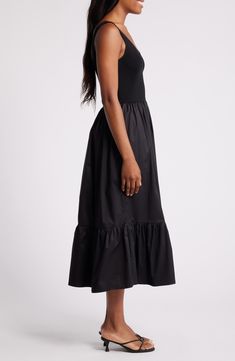 A ribbed bodice and poplin skirt bring eye-catching appeal to this midi dress fashioned in a fit-and-flare silhouette. V-neck Sleeveless 55% rayon, 45% nylon with 55% cotton, 42% nylon, 3% elastane contrast Dry clean Imported Black Midi Dress With Full Skirt For Summer, Black Full Skirt Midi Dress For Summer, Black Midi Dress With Voluminous Skirt, Black Midi Dress With Full Skirt, Black Midi Dress With Voluminous Skirt For Summer, Black Voluminous Midi Dress For Summer, Poplin Skirt, Astr The Label, Black Fits