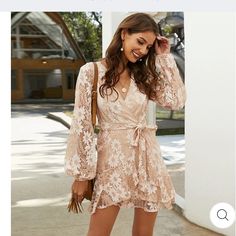 Never Worn Fist More Like. M/L Beige Lace Mini Dress With Long Sleeves, Beige Long Sleeve Lace Mini Dress, Beige Lace Long Sleeve Mini Dress, Beige Lace Mini Dress For Fall, Beige Lace Mini Dress For Day Out, Fall Beige Lace Mini Dress, Cream Boho Dress, Holiday Club, Lace Pink Dress