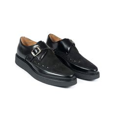 Black Monk Strap Shoes With Leather Sole For Fall, Black Leather Monk Strap Shoes With Brogue Detailing, Black Monk Strap Shoes With Leather Lining For Office, Black Leather Monk Strap Shoes With Leather Footbed, Black Slip-on Monk Strap Shoes For Fall, Black Leather Monk Strap Shoes For Office, Black Leather Monk Strap Shoes For Work, Black Monk Strap Shoes With Leather Lining, Fall Black Monk Strap Shoes With Buckle Closure