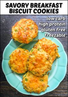 three biscuits on a blue plate with the words savory breakfast biscuit cookies low carb high protein gluten free freezeable