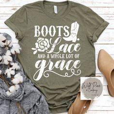 Introducing our "Boots, Lace, and Grace" country style graphic tee, the perfect shirt for those who rock cowboy boots, love a little lace, and always carry themselves with a dash of Southern charm and a whole lot of grace—though maybe not always in that order! Picture this: a charming design featuring a whimsical mix of cowboy boots, delicate lace, and a sprinkle of Southern sweetness, all wrapped up in a bow of country style. Crafted with premium materials, this tee is softer than a country son Western Shirts For Women, Grace Shirts, Country Song, Screen Print Transfer, Print Transfer, Canvas Boots, Honky Tonk, Country Shirts, Western Boho