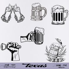 a bunch of beer related items are shown in this graphic art workbook, including mugs and glasses