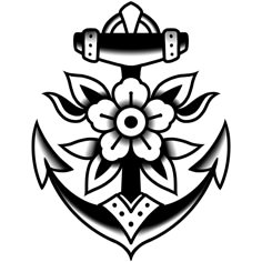 an anchor with flowers on it and two swords in the middle, black and white