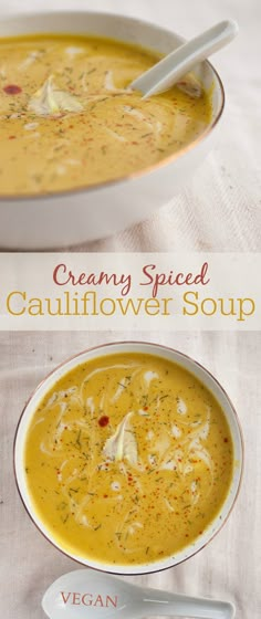 creamy spiced cauliflower soup in a white bowl