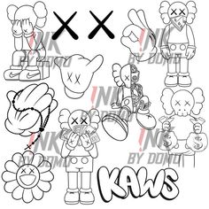 some cartoon characters with the word kaws on them, and two other characters in black and