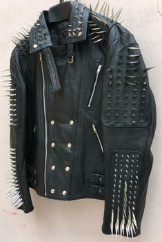 Crafted Leather Black Silver Long Spiked Studded Cowhide Leather Jacket on Storenvy Unique Jackets, Studded Jacket, Punk Outfits, Workout Jacket, Beautiful Fashion, Punk Rock, Leather Craft, Cowhide Leather, Leather Handmade