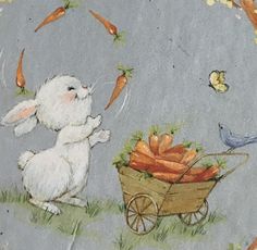 a painting of a rabbit pushing a wheelbarrow filled with carrots and birds