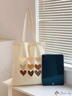 BirdinBag - Stylish Heart Graphic Canvas Shopper Bag for Students, Ideal for School, Travel, and Outdoor Activities Canvas Shopper Bag, Preppy Bags, Heart Graphic, Heart Bag, Inch Bag, Style Preppy, College University, Bags Tote, Diy Supplies