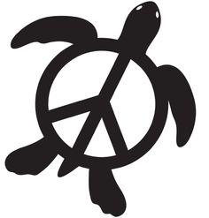 a black and white image of a turtle with a peace sign on it's back